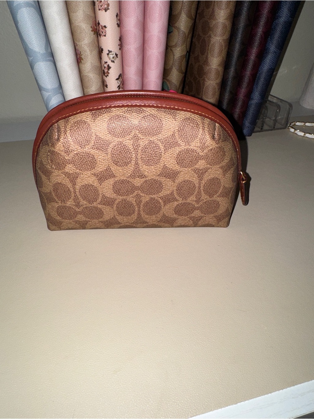 Coach Brown Signature Cosmetic Pouch with Tan Trim